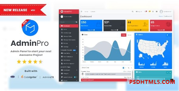 AdminPro v2.1 – Login + Multi User Management + Codeigniter + Roles – Permission + Bootstrap 4 + AdminLTE Plugins-尚睿切图网