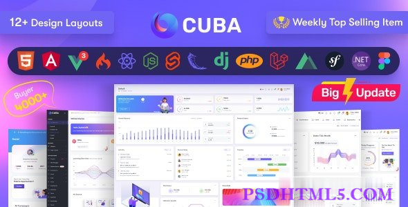 Cuba v9.1 – HTML、React、Angular 15、Vue 3 JS、Nuxt、Nodejs、Asp.Net & Laravel 管理仪表板模板-尚睿切图网