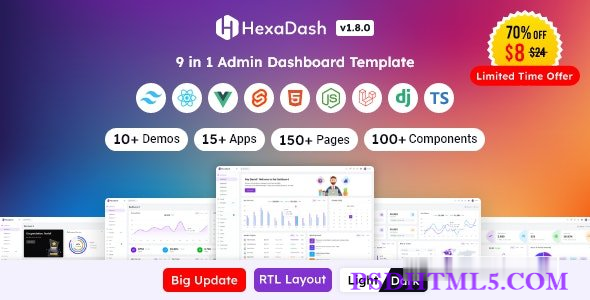 HexaDash v1.8.0 – Tailwind CSS、React、Svelte、Vue、Laravel、Nodejs、Django & HTML 管理仪表盘模板-尚睿切图网