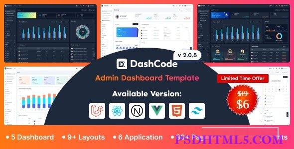 DashCode v2.0.6 - Laravel, React, Vuejs, NextJs, HTML,Tailwind仪表盘模板-尚睿切图网