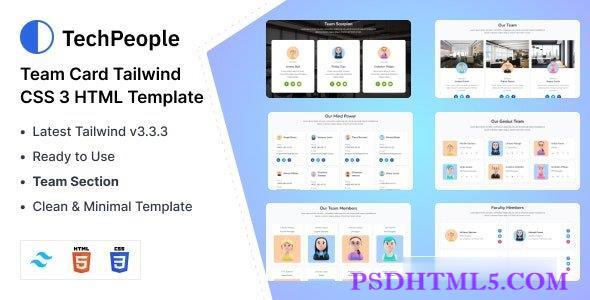 TechPeople – Team Cards Tailwind CSS 3 HTML模板-尚睿切图网