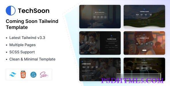 Techsoon – Tailwind Coming Soon HTML模板-尚睿切图网