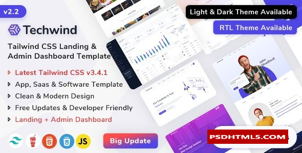 Techwind v2.2.0 - Tailwind CSS多用途应用程序，Saas及ampamp; 软件登陆及; 管理仪表板模板  