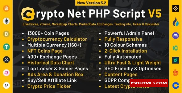 Crypto Net v5.5-CoinMarketCap，价格，图表，交易所，加密货币跟踪器，计算器&；Ticker PHP脚本；高级脚本、插件和；手机 -尚睿切图网