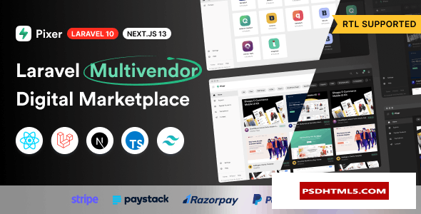 Pixer v6.5.0-React Laravel电子商务多供应商数字市场；高级脚本、插件和；手机 -尚睿切图网