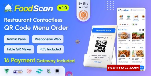 FoodScan v1.3-Qr Code餐厅菜单制作和非接触式餐桌订购系统，带餐厅POS；高级脚本、插件和；手机 -尚睿切图网