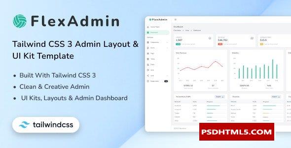 FlexAdmin-顺风CSS 3管理布局和；UI工具包模板 -尚睿切图网