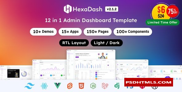 HexaDash v2.1.3-顺风CSS、React、Svelte、Vue、Laravel、Nodejs、Django；HTML管理仪表板模板 -尚睿切图网