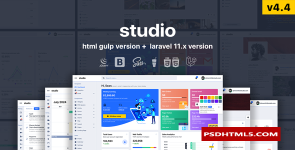 Studio v4.4-HTML和；Laravel 11.x Bootstrap 5管理模板 -尚睿切图网