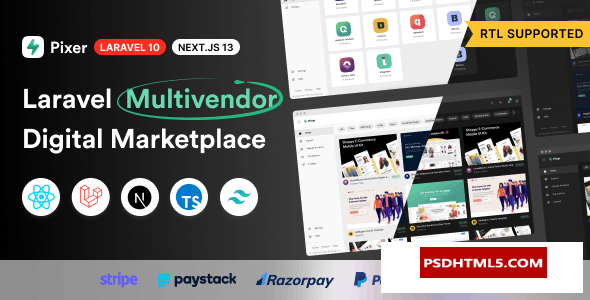 Pixer v6.6.1-React Laravel电子商务多供应商数字市场-无值；高级脚本、插件和；手机 -尚睿切图网