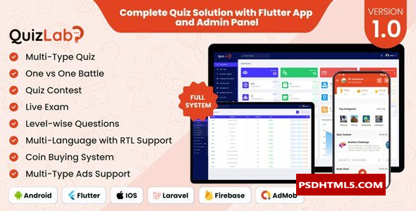 QuizLab v2.0-使用Flutter应用程序和管理面板的完整测验解决方案-null；高级脚本、插件和；手机 -尚睿切图网