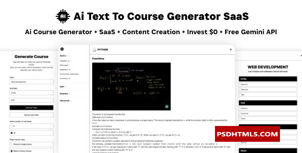 Ai课程生成器v2.0-文本到课程SaaS Ai视频和；图像内容支付赚取Gemini React管理员；高级脚本、插件和；手机 -尚睿切图网