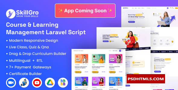 SkillGro v1.5.0-课程和；学习管理系统Laravel脚本（LMS）；高级脚本、插件和；手机 -尚睿切图网